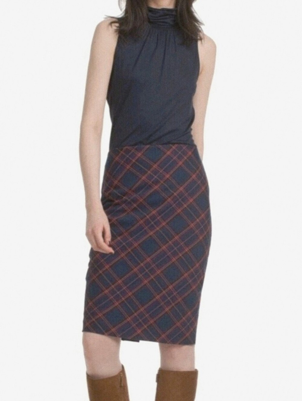 NWT Trina Turk Crissy Plaid Pencil Skirt Navy Blue Pink Orange Career Classic 6